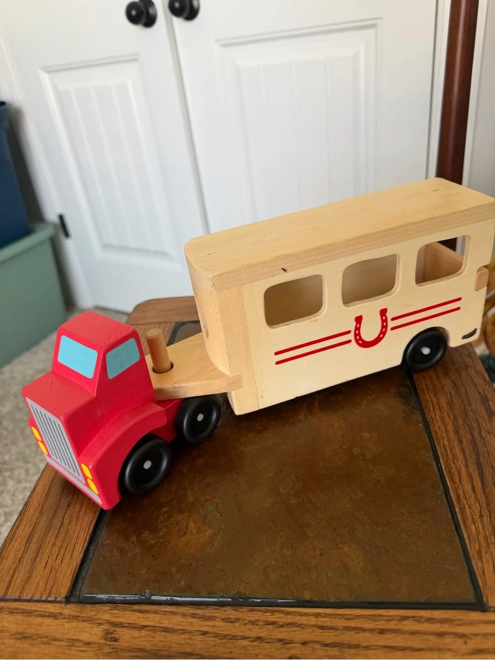 Melissa & Doug Wooden Red Toy Truck with Horse Trailer - Kids Toy
